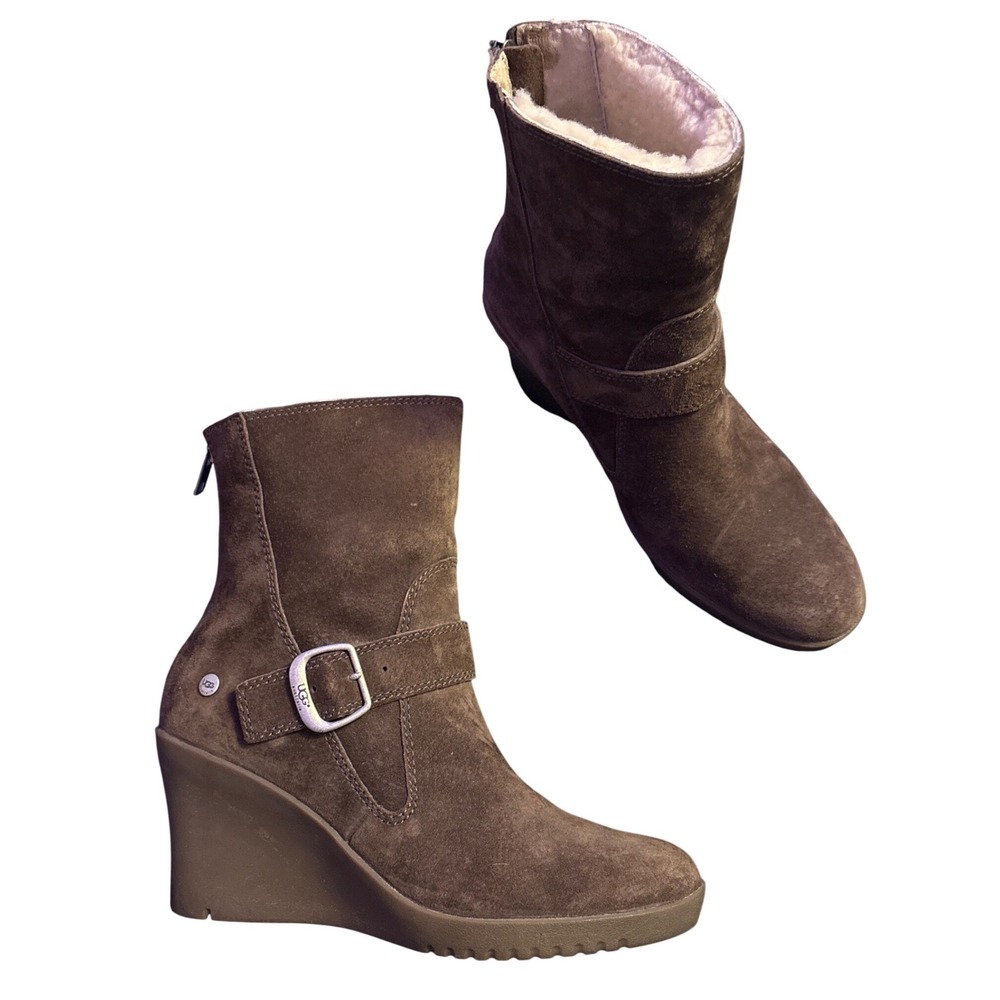 UGG Australia Gisella Brown Suede Shearling Lined Wedge Boots Women's Size 8